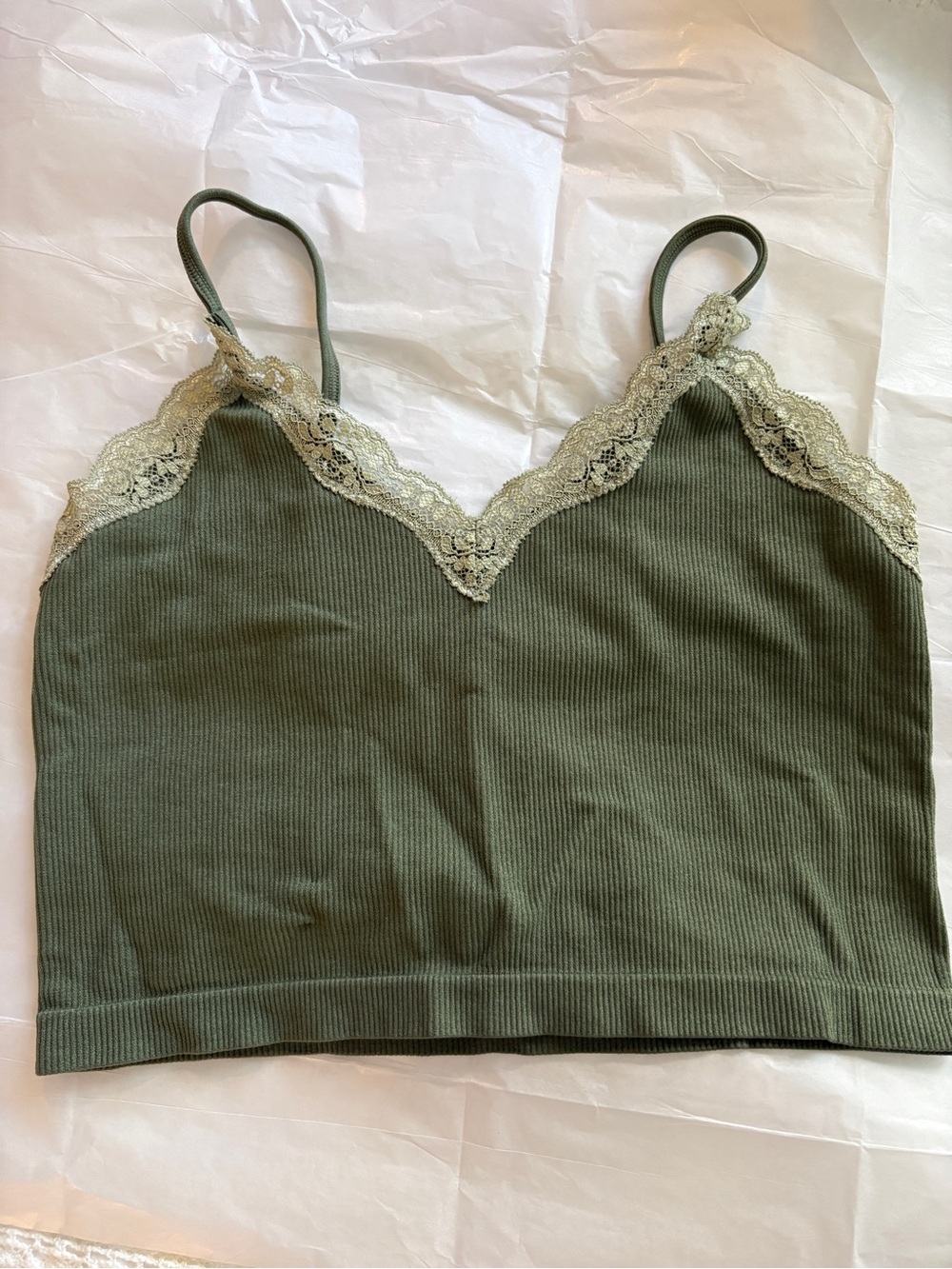 wild fable Olive Lace-Trim Ribbed Cropped Cami